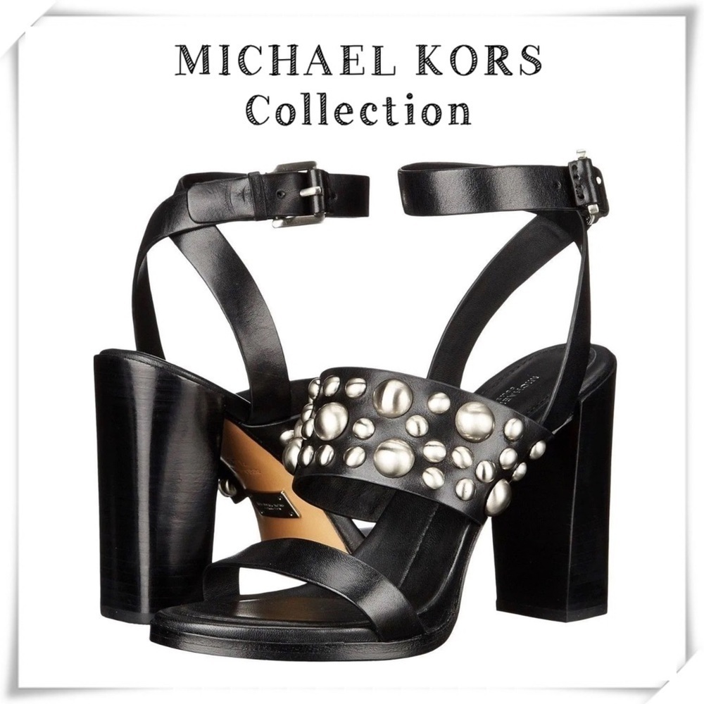 Michael Kore Collocation Muriel Studded Wrapped Ankle Chunky Heel Sandal BK Sz 7